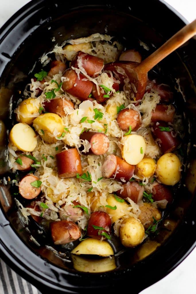 Potatoes, Polish Sausage and Sauerkraut in the Crockpot - Happy ...